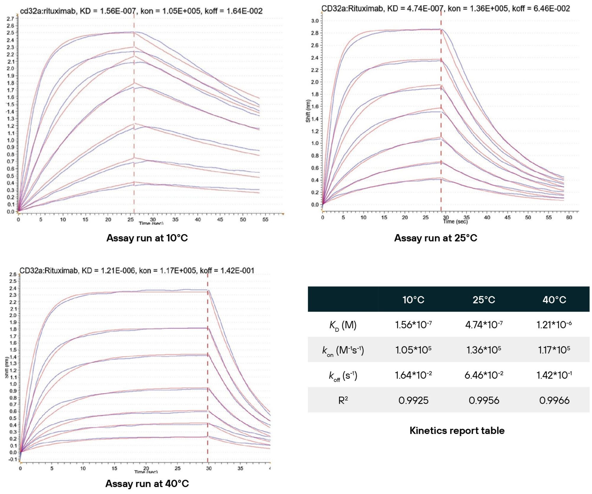 BLI sensorgrams of FcγRIIA/CD32a and Rituximab kinetics at 10°C, 25°C and 40°C on HIS XT biosensors